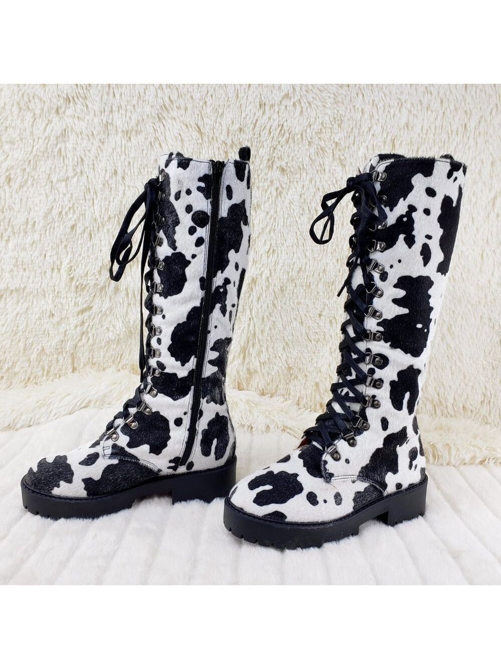 Savage Cow Combat Lace Up Knee Boots Faux Cow Print Brand New - Picture 10 of 16